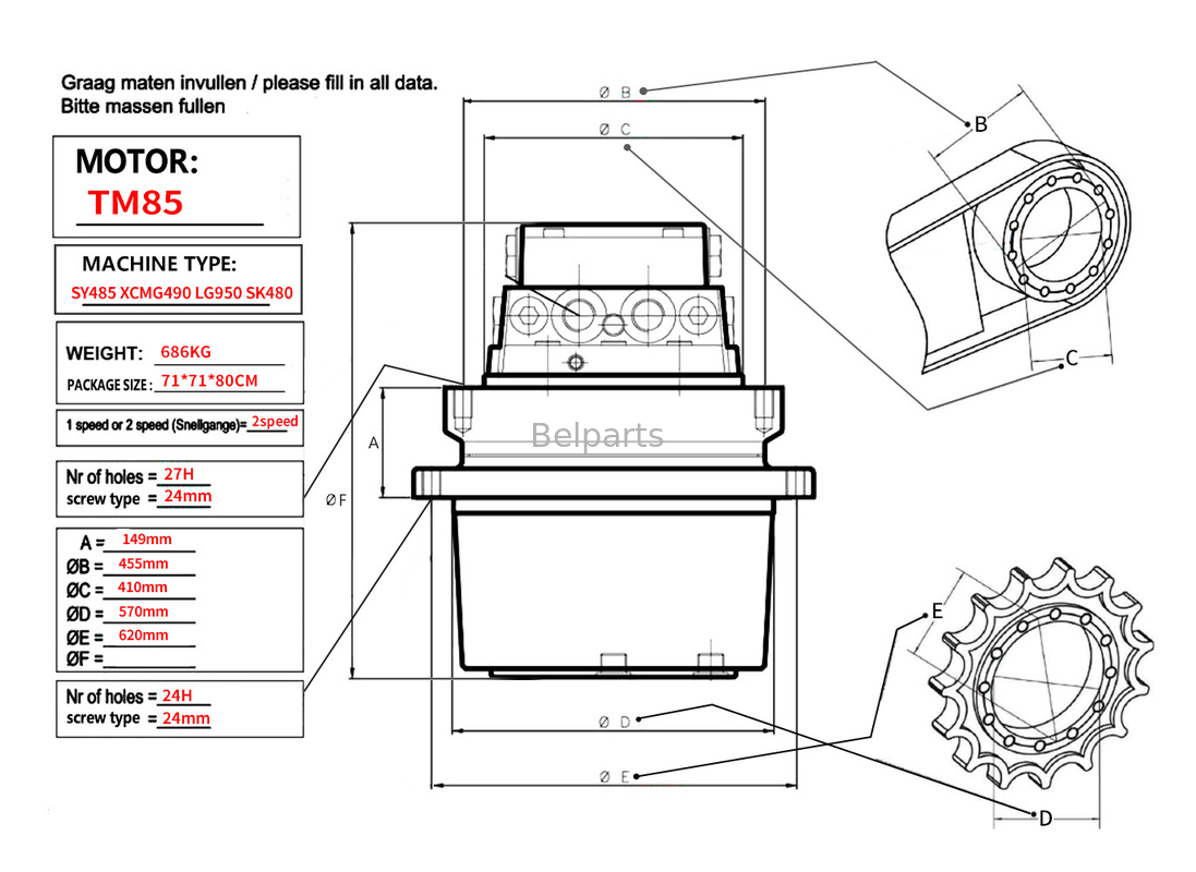 Belparts Excavator Travel Motor assy TM85 SY485 XCM490 LG950 SK480 Final Drive Assy voor kobelco sany