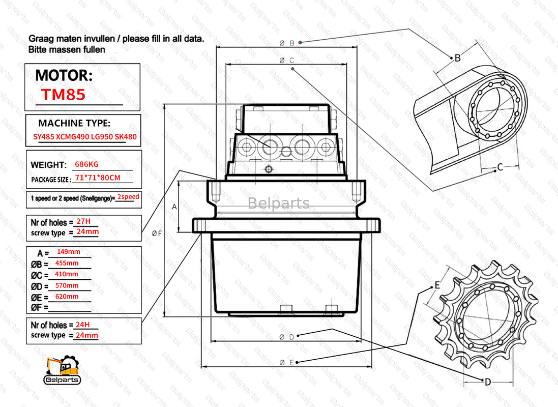 Belparts Excavator Travel Motor assy TM85 SY485 XCM490 LG950 SK480 Final Drive Assy voor kobelco sany