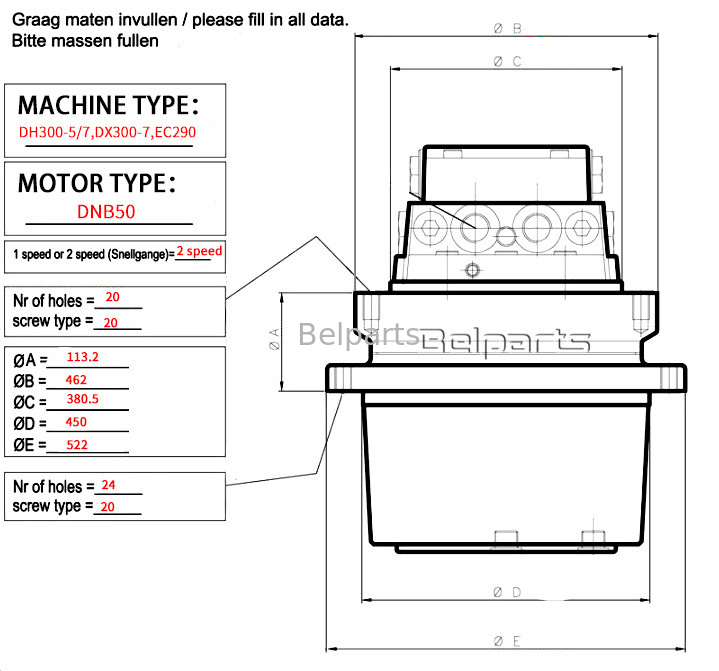 Doosan DX300-7 DH300-5 EC290 Reismotor Assy voor graafmachineonderdelen