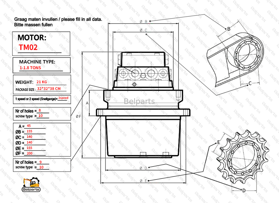 Belparts Yanmar B17.2 B19 B18EX VIO25 VIO30 VIO20.2 B15 YB121.2B Graafmachine Hydraulische motor voor TM01 Final Drive