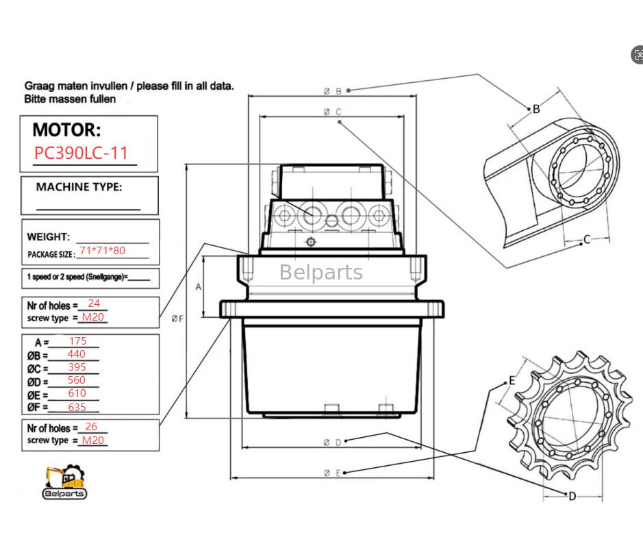 Eindaandrijving voor PC390LC-11 PC490LC-11 PC390-11 PC490-11 Komatsu Graafmachine Reserveonderdelen 208-27-00500 Reis-motor met versnellingsbak