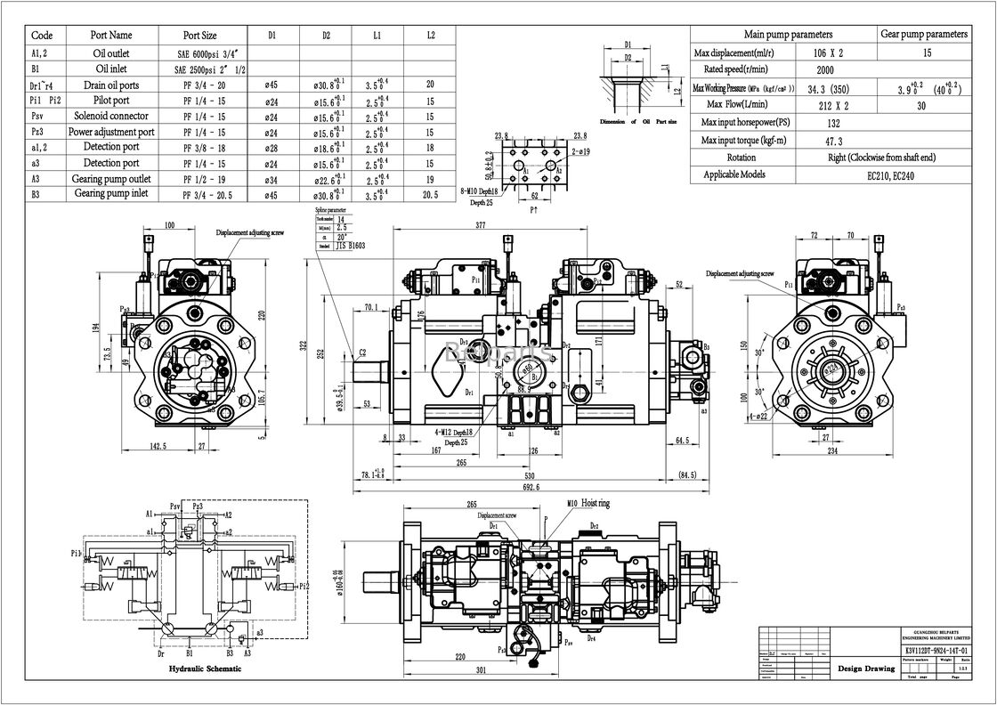 Hydraulische Pomp Voor VOLVO EC210 EC210B EC240 EC240B Graafmachine Onderdelen SA 1142-00012 SA 8230-14650 SA 1142-00531 Kawasaki K3V112DT-9N24-14T OEM Zuigerpomp